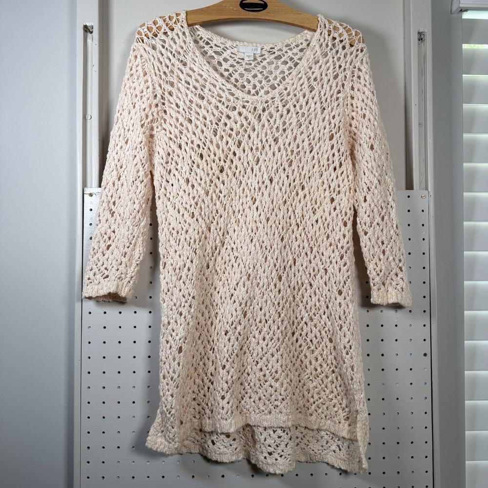 J. Jill Sweater Womens Small Cream Chunky Fishnet Knit Slit Cotton Lightweight